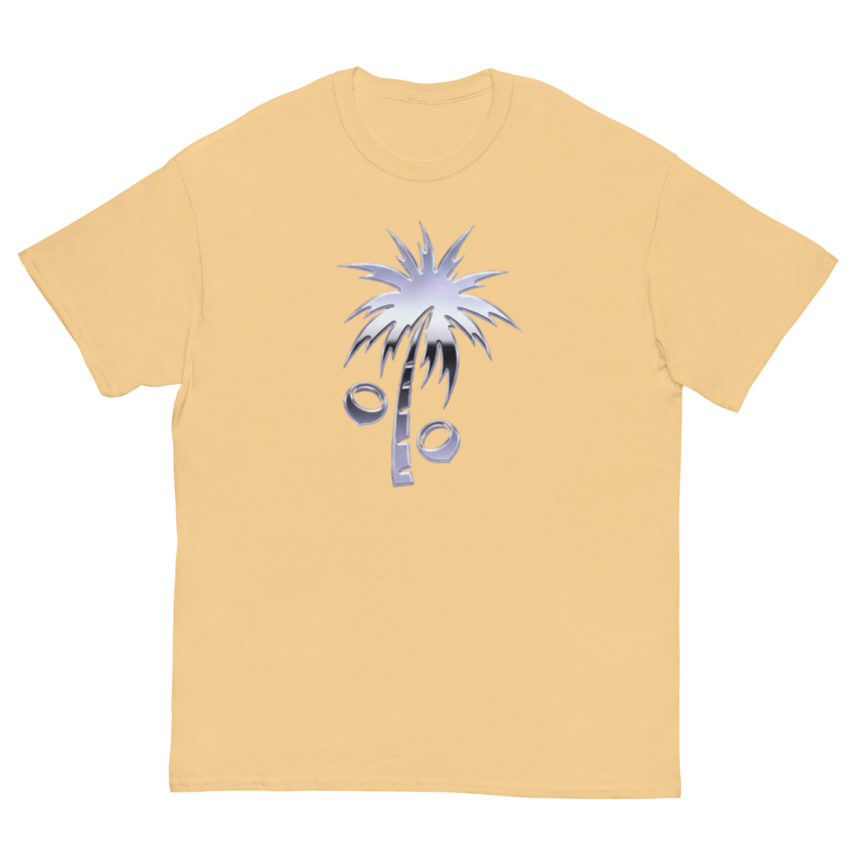 A pale yellow short-sleeve crewneck t-shirt featuring a stylized palm tree graphic on the chest, where the trunk and fronds form a percentage symbol, set against a plain white background.
