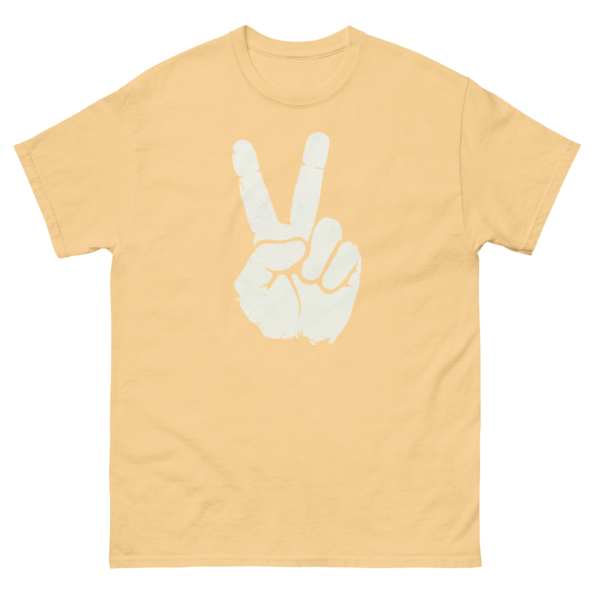 Yellow t-shirt with a white peace sign design 