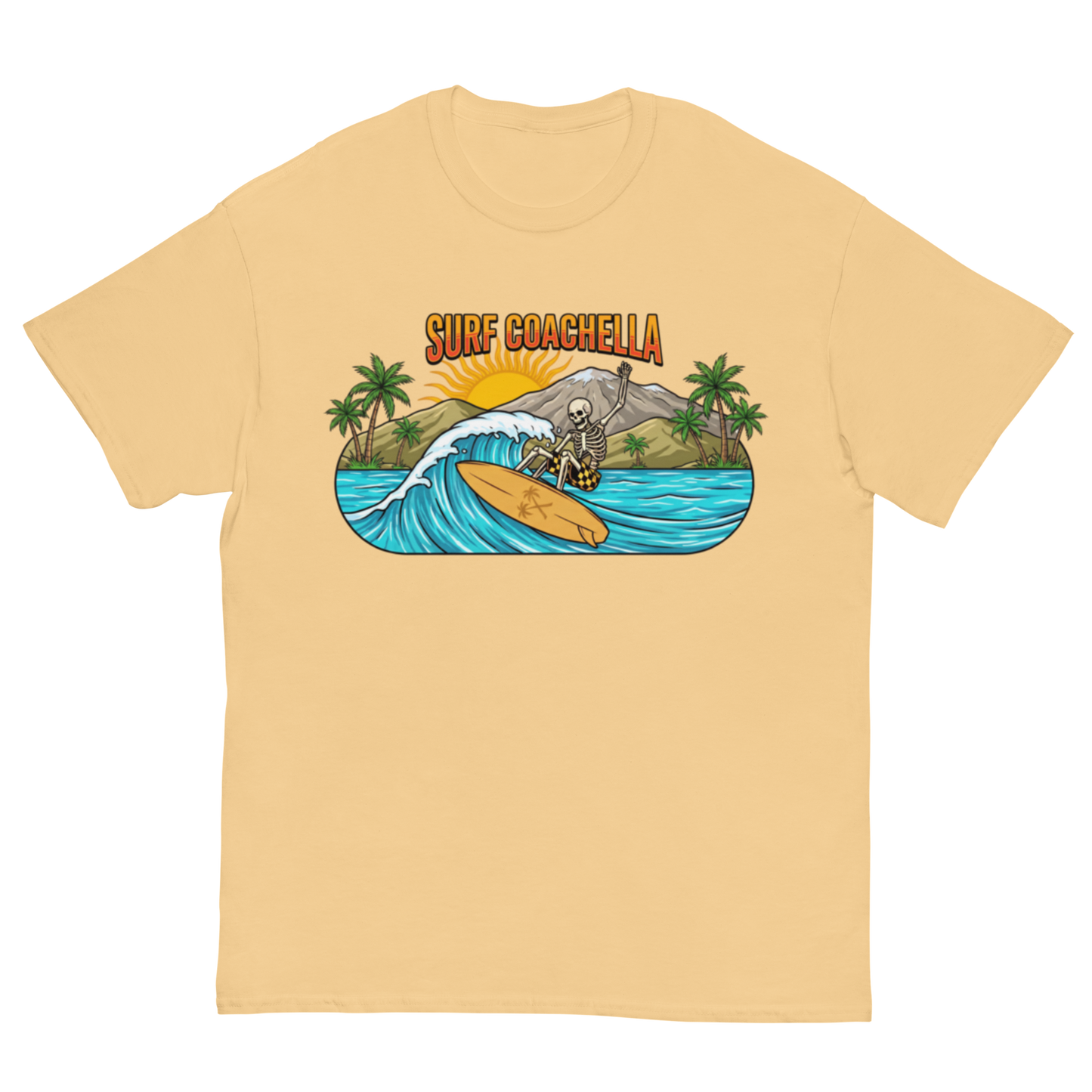 A light yellow-colored short-sleeve t-shirt with a colorful graphic on the chest depicting a skeleton surfer on a wave with the text 'SURF COACHELLA' above it, shown on a plain white background.