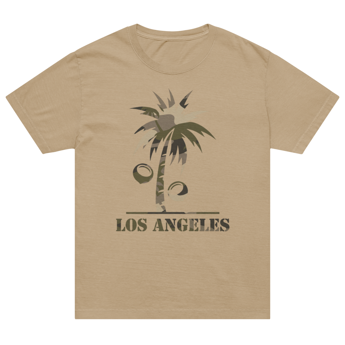 A tan crewneck t-shirt featuring a distressed graphic of a palm tree with coconuts and the text 'LOS ANGELES' printed below it.
