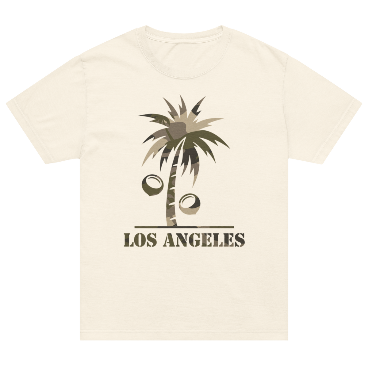 An off-white short-sleeve crewneck t-shirt featuring a graphic of a palm tree with coconuts and the text 'LOS ANGELES' printed below it in a distressed brown font.