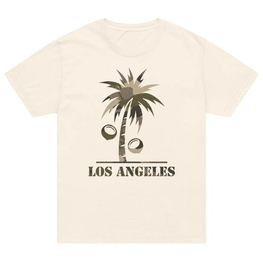 An off-white short-sleeve crewneck t-shirt featuring a graphic of a palm tree with coconuts and the text 'LOS ANGELES' printed below it in a distressed brown font.