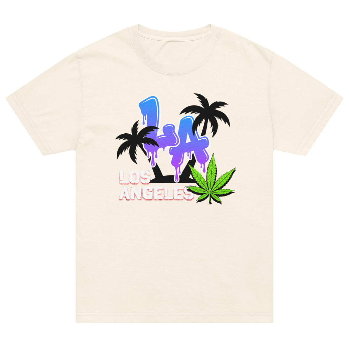 A cream-colored short-sleeve t-shirt with a colorful graphic on the front featuring the text 'LA LOS ANGELES' in a dripping neon style, flanked by black palm trees and a green cannabis leaf.