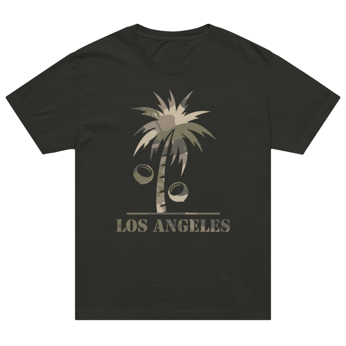 A dark charcoal gray short-sleeve t-shirt with a graphic of a palm tree and coconuts above the text 'LOS ANGELES' in a distressed beige font, displayed on a solid white background.