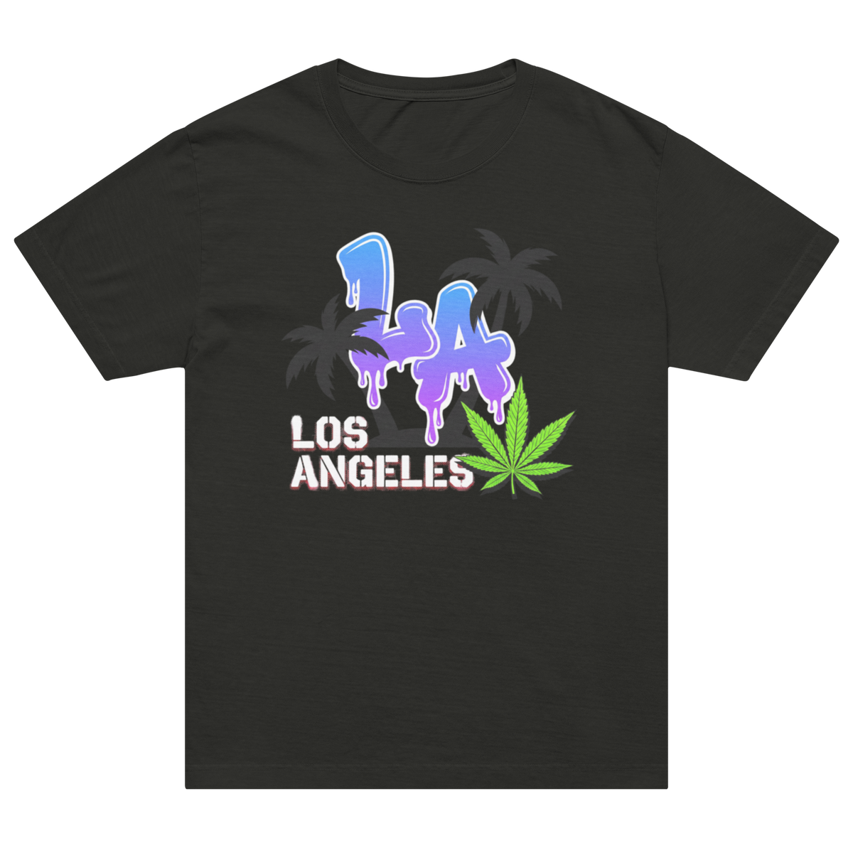 A black short-sleeve crewneck t-shirt featuring a colorful graphic on the chest with the text 'I'm LOS ANGELES' in dripping purple and blue letters, a green cannabis leaf, and dark gray palm trees.