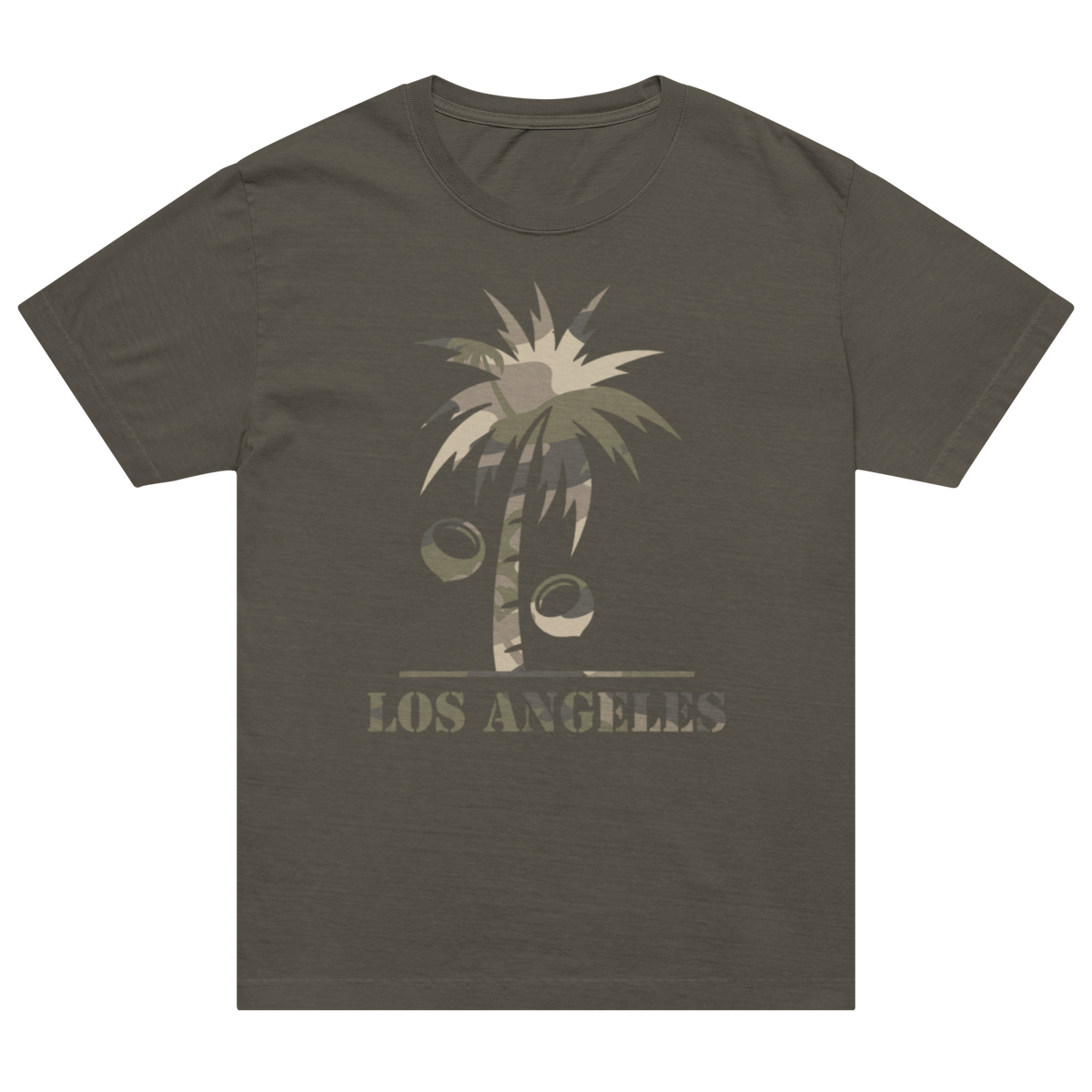 A dark olive brown short-sleeve t-shirt with a graphic of a palm tree, coconuts, and the text 'LOS ANGELES' printed on the front, displayed against a solid white background.