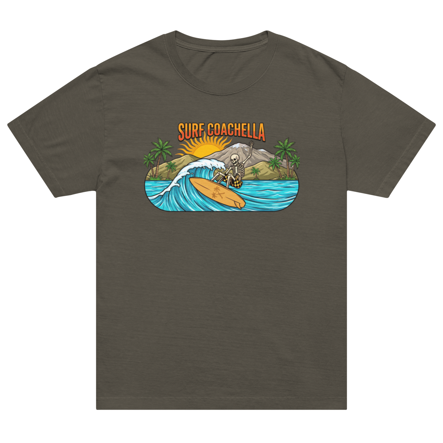 A dark brown short-sleeve t-shirt with a colorful graphic on the chest depicting a skeleton surfer riding a wave in Surf Coachella, set against a plain white background.