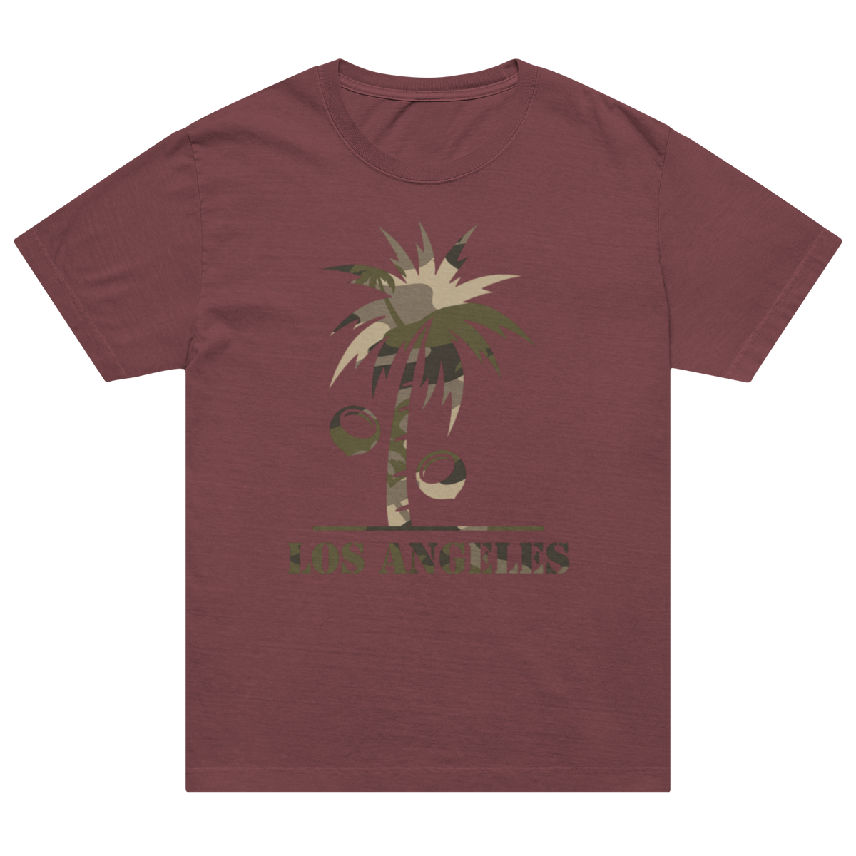 A heathered dusty rose short-sleeve t-shirt with a graphic of a palm tree and the text 'LOS ANGELES' in a camouflage pattern, displayed on a solid white background.