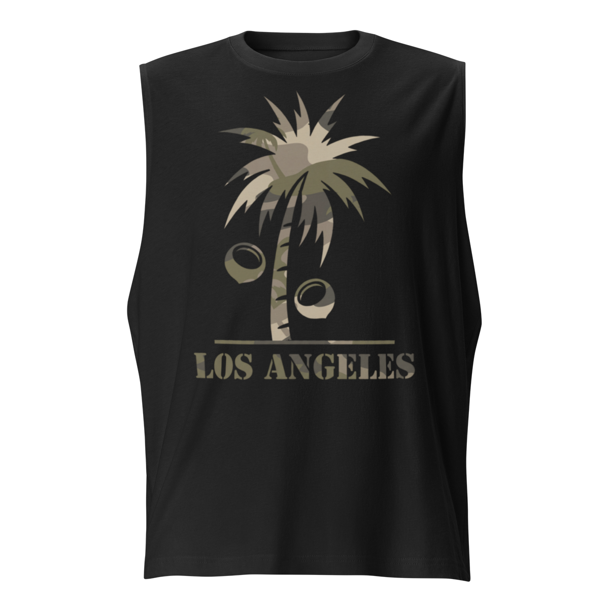 A sleeveless black t-shirt featuring a distressed graphic of a palm tree with coconuts and the text 'LOS ANGELES' printed in a matching distressed font, shown against a plain white background.