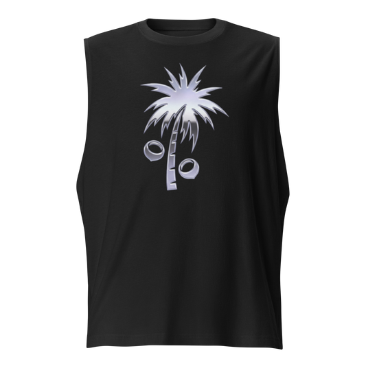 A black sleeveless muscle tank top featuring a stylized silver palm tree graphic with two coconuts on the front, displayed against a solid white background.
