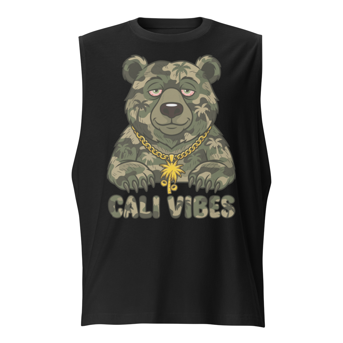A black sleeveless muscle t-shirt featuring a graphic of a bear with a camouflage pattern, a gold chain, and the text 'CALI VIBES' printed below it.