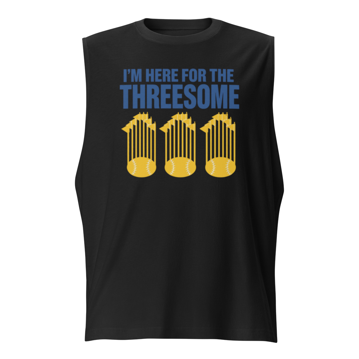 A black sleeveless muscle tank top featuring a graphic print that reads 'I'M HERE FOR THE THREESOME' in blue, above three yellow baseballs inside stadium stands, shown on a plain white background.