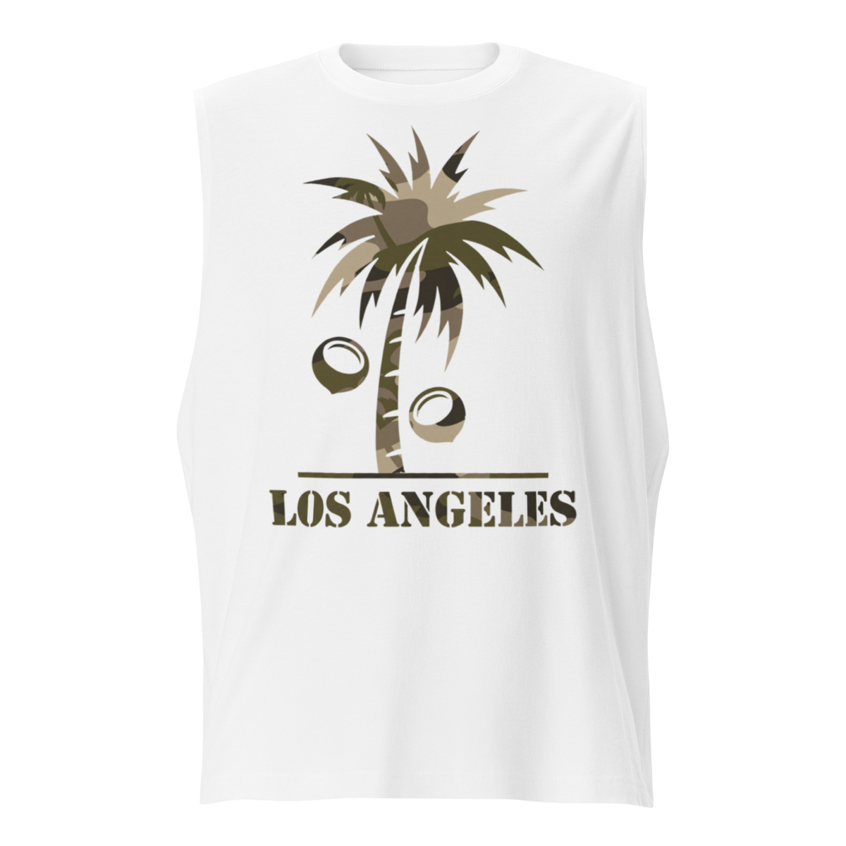 A white sleeveless t-shirt featuring a graphic of a palm tree with coconuts and the text 'LOS ANGELES' printed in olive green and brown camouflage.