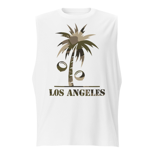 A white sleeveless t-shirt featuring a graphic of a palm tree with coconuts and the text 'LOS ANGELES' printed in olive green and brown camouflage.