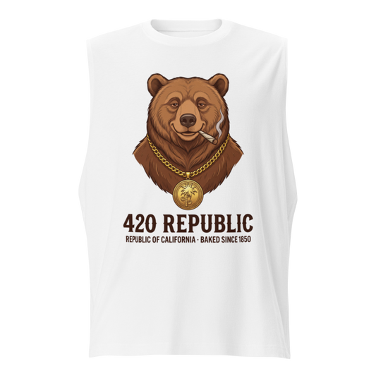 A white sleeveless tank top featuring a graphic of a brown bear wearing a gold chain and smoking a cigar, with the text '420 REPUBLIC' and 'REPUBLIC OF CALIFORNIA - BAKED SINCE 1850' printed below.
