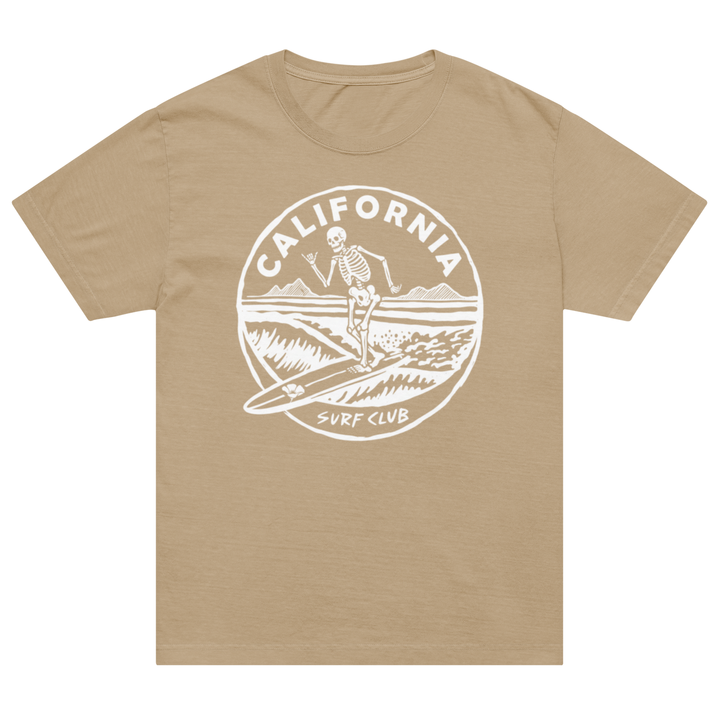 A tan short-sleeve crewneck t-shirt featuring a white circular graphic on the chest with a skeleton surfing, the word 'CALIFORNIA', and 'SURF CLUB'.