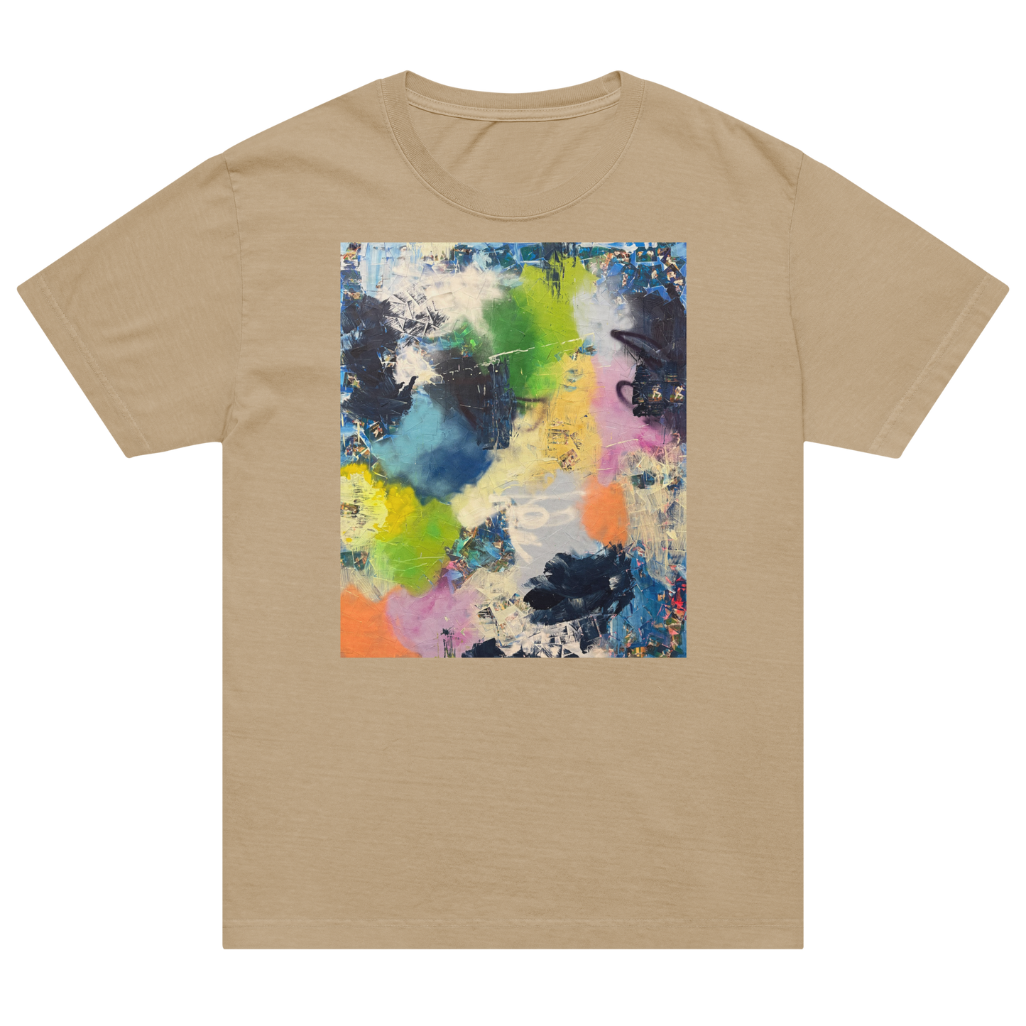A beige short-sleeve crewneck t-shirt featuring a square abstract art print on the chest with vibrant splashes of blue, green, yellow, orange, pink, and black paint. Daniel Maltzman artist.