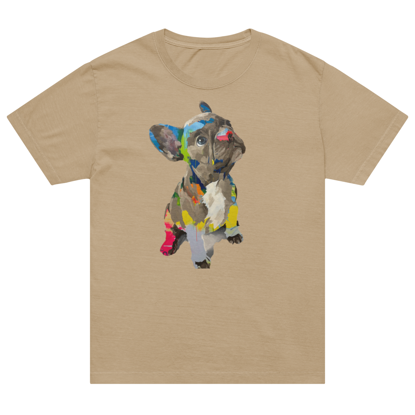 A tan crewneck t-shirt featuring a colorful watercolor-style graphic of a French Bulldog on the front.