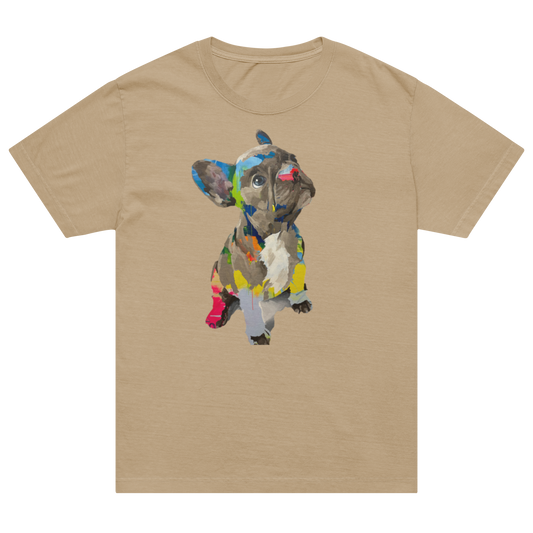A tan crewneck t-shirt featuring a colorful watercolor-style graphic of a French Bulldog on the front.