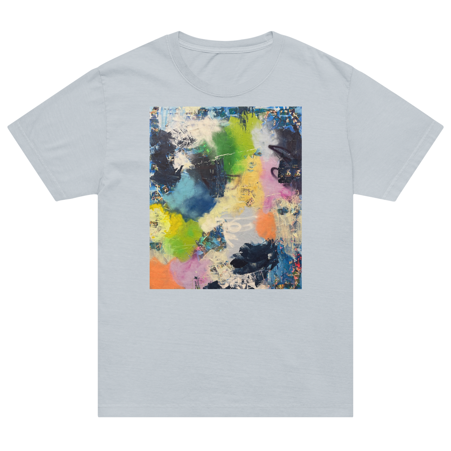 A light gray short-sleeve crewneck t-shirt featuring a large, colorful abstract paint-splatter graphic printed on the chest. Daniel Maltzman artist.