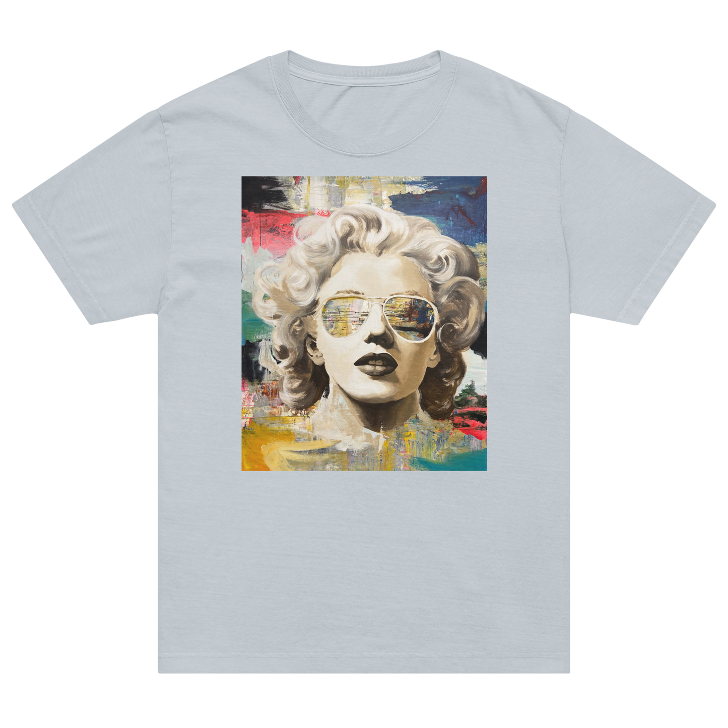 A light gray crewneck t-shirt featuring a colorful graphic print of Marilyn Monroe wearing aviator sunglasses, displayed on a clean white background. Daniel Maltzman artist.