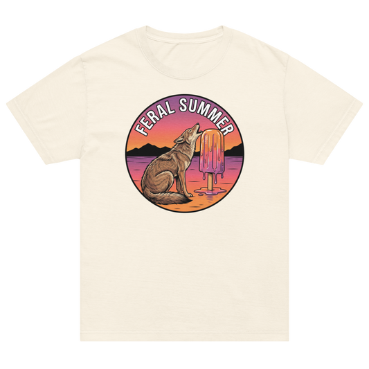 An off-white short-sleeve t-shirt with a circular graphic on the chest. The graphic features a brown wolf howling at a pink and orange sunset popsicle, with the text 'FERAL SUMMER' arched above it.