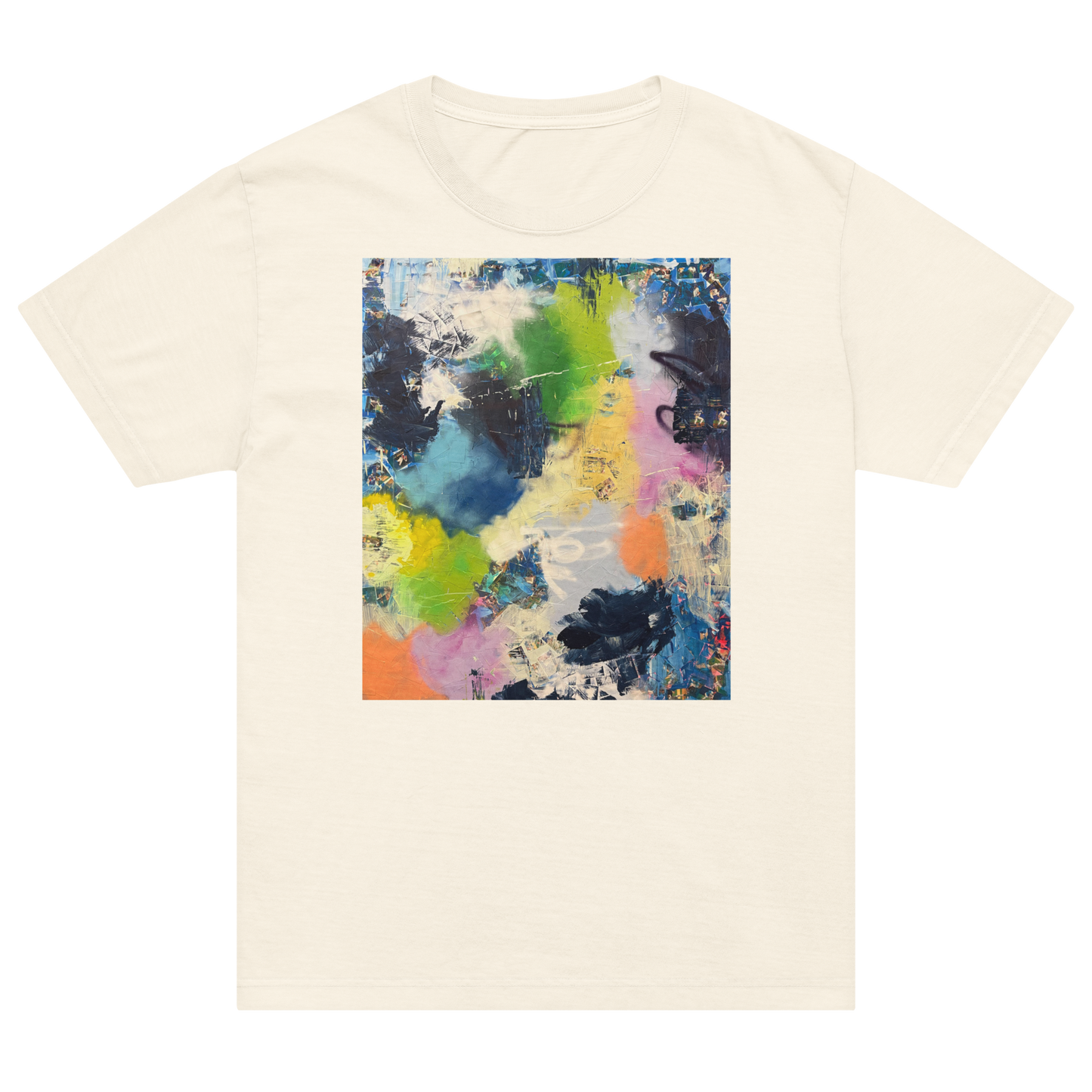 An off-white short-sleeve t-shirt with a square abstract art print on the chest, featuring a vibrant mix of blue, green, yellow, orange, pink, and black paint strokes. Daniel Maltzman artist.