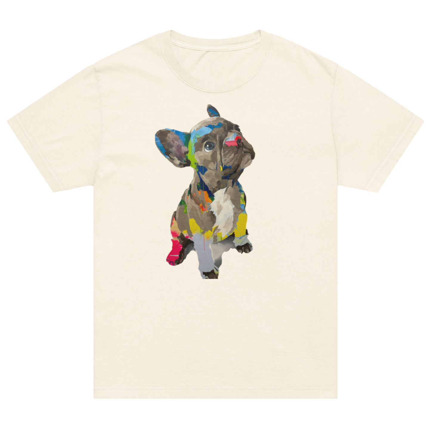 An off-white short-sleeve crewneck t-shirt featuring a colorful graphic print of a French Bulldog. Daniel Maltzman artist.