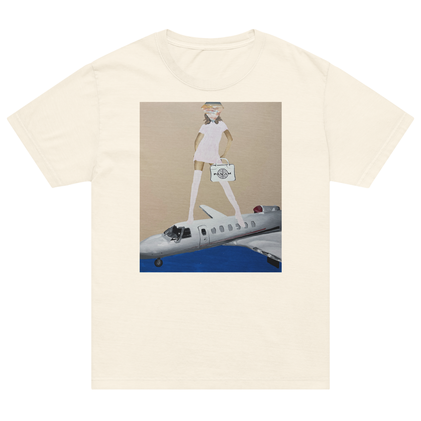 An off-white short-sleeve crewneck t-shirt featuring a central graphic print of a woman in a white dress standing on a silver airplane against a beige and blue background. Daniel Maltzman artist. 