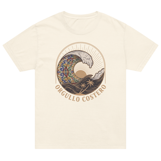 An off-white short-sleeve crewneck t-shirt featuring a circular graphic of a stylized wave with a colorful mandala pattern, a sun, and palm trees, with the text 'ORGULLO COSTERO' printed below.