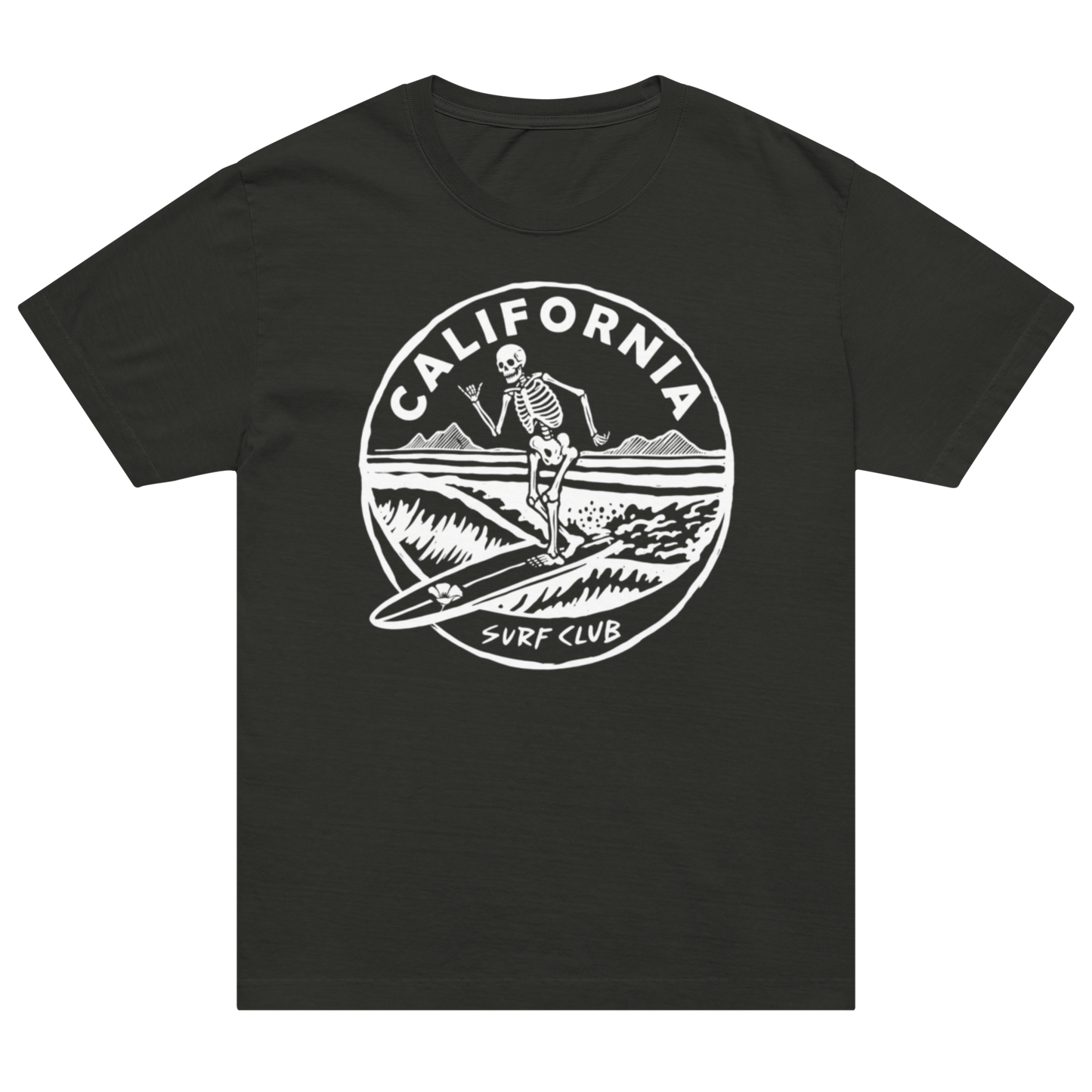 A black short-sleeve crewneck t-shirt featuring a large white circular graphic on the chest with a skeleton surfer, mountains, and the text 'CALIFORNIA SURF CLUB'.
