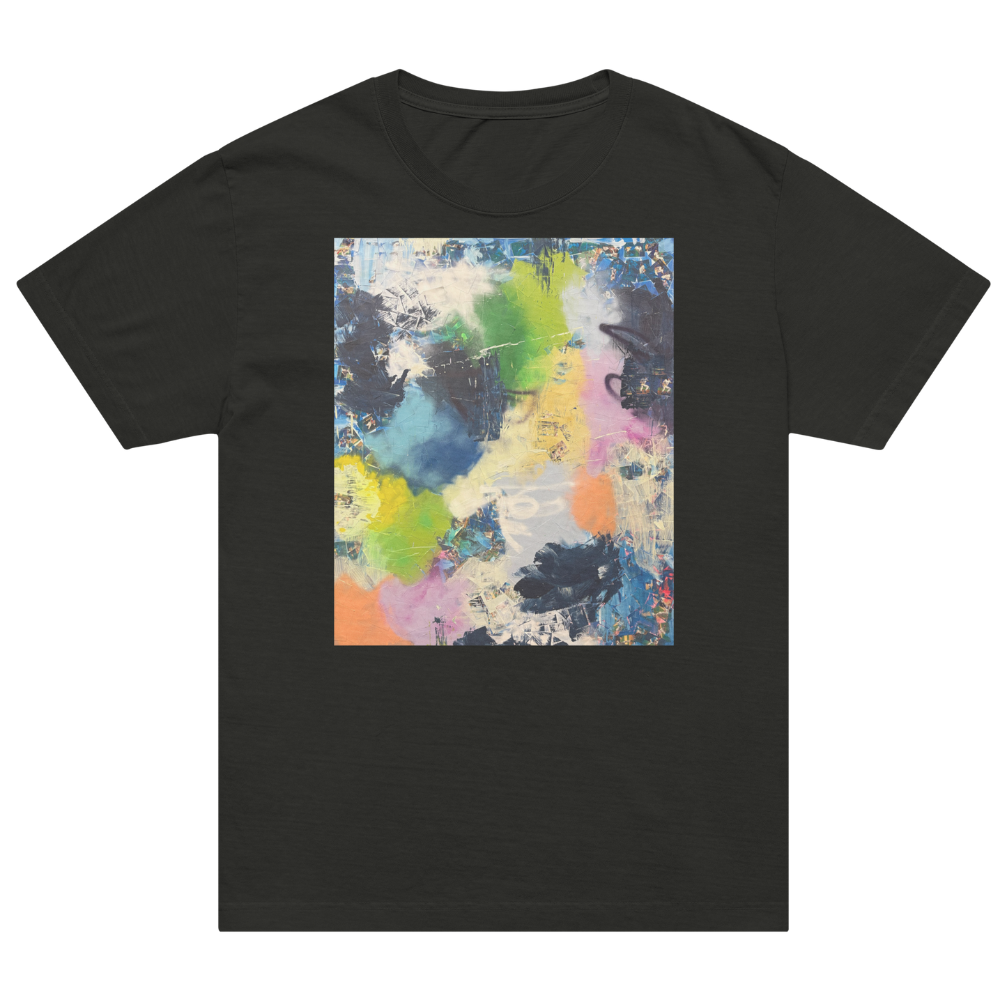 A black short-sleeve crewneck t-shirt featuring a square abstract art print on the chest with a vibrant mix of blue, green, yellow, orange, pink, and purple paint strokes. Daniel Maltzman artist.