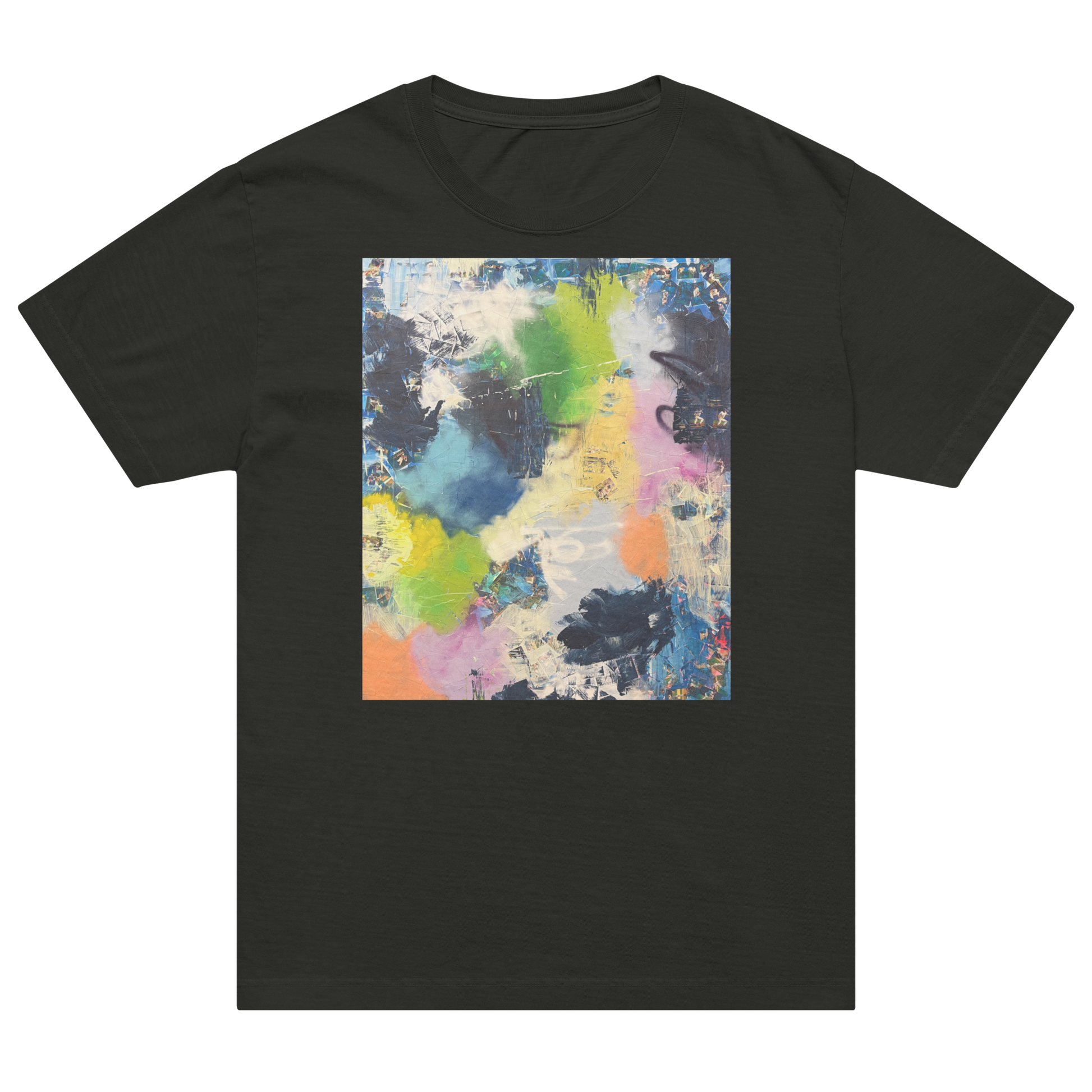 A black short-sleeve crewneck t-shirt featuring a square abstract art print on the chest with a vibrant mix of blue, green, yellow, orange, pink, and purple paint strokes. Daniel Maltzman artist.