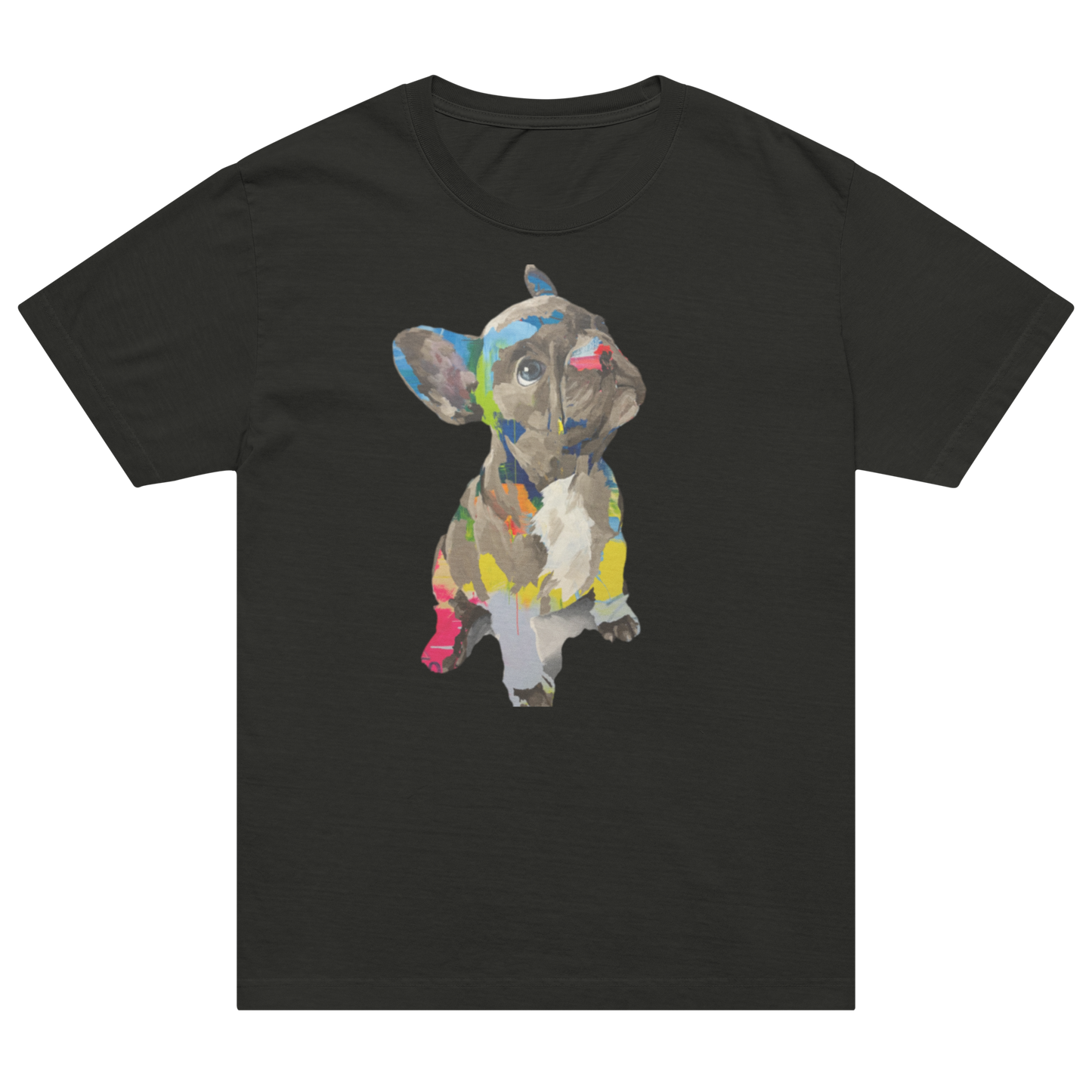 A black short-sleeve crewneck t-shirt featuring a colorful watercolor-style graphic of a French Bulldog on the chest.