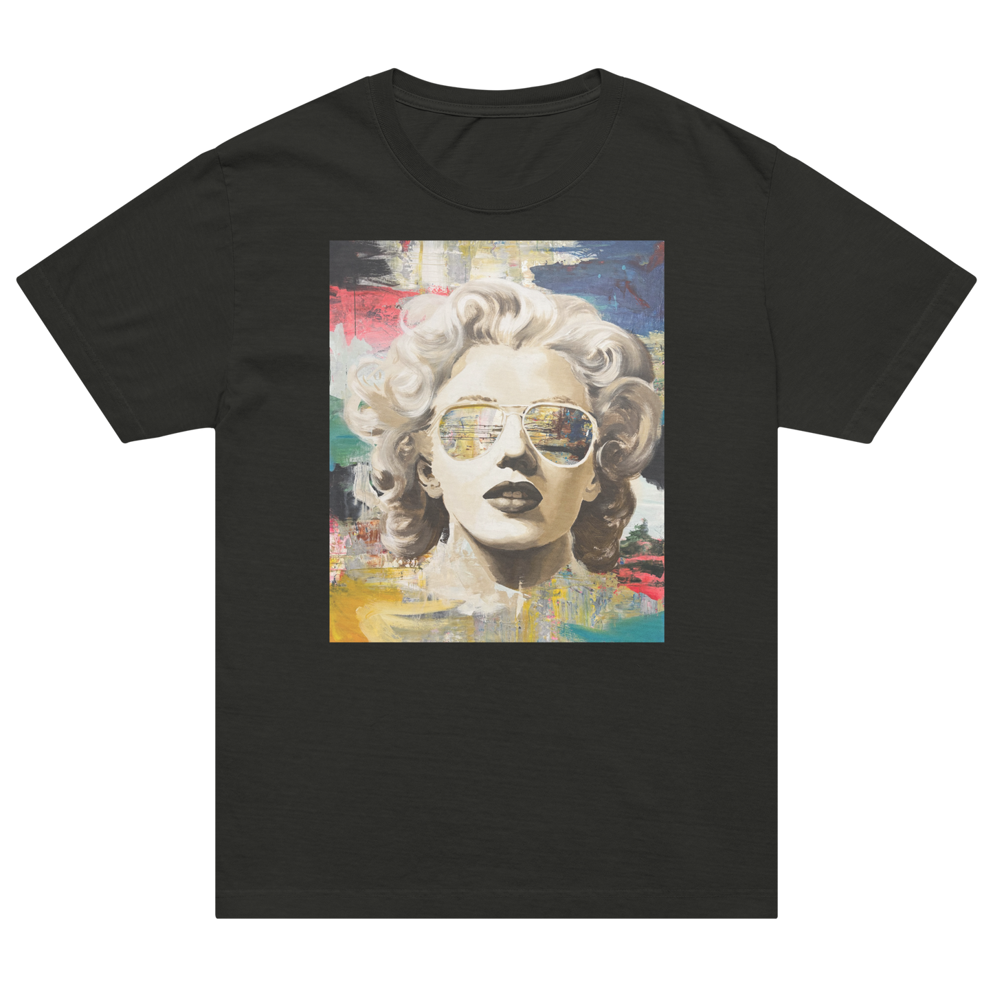 A black short-sleeve crewneck t-shirt featuring a colorful graphic print of Marilyn Monroe in a stylized, textured painting style wearing aviator sunglasses. Daniel Maltzman artist.
