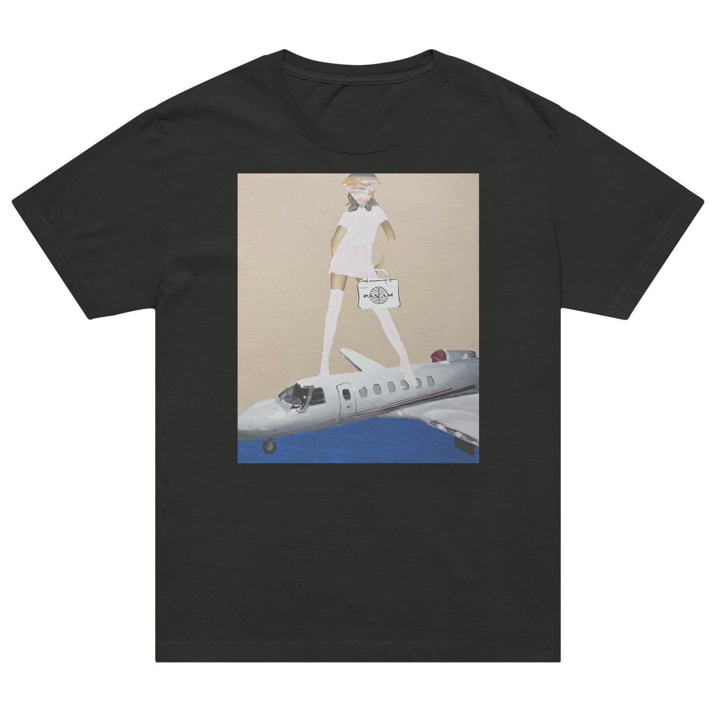 A black short-sleeve crewneck t-shirt featuring a rectangular graphic print on the front. The graphic shows a stylized illustration of a woman in a white dress and hat standing on top of a white private jet against a beige background with blue sky at the bottom. Daniel Maltzman artist. 