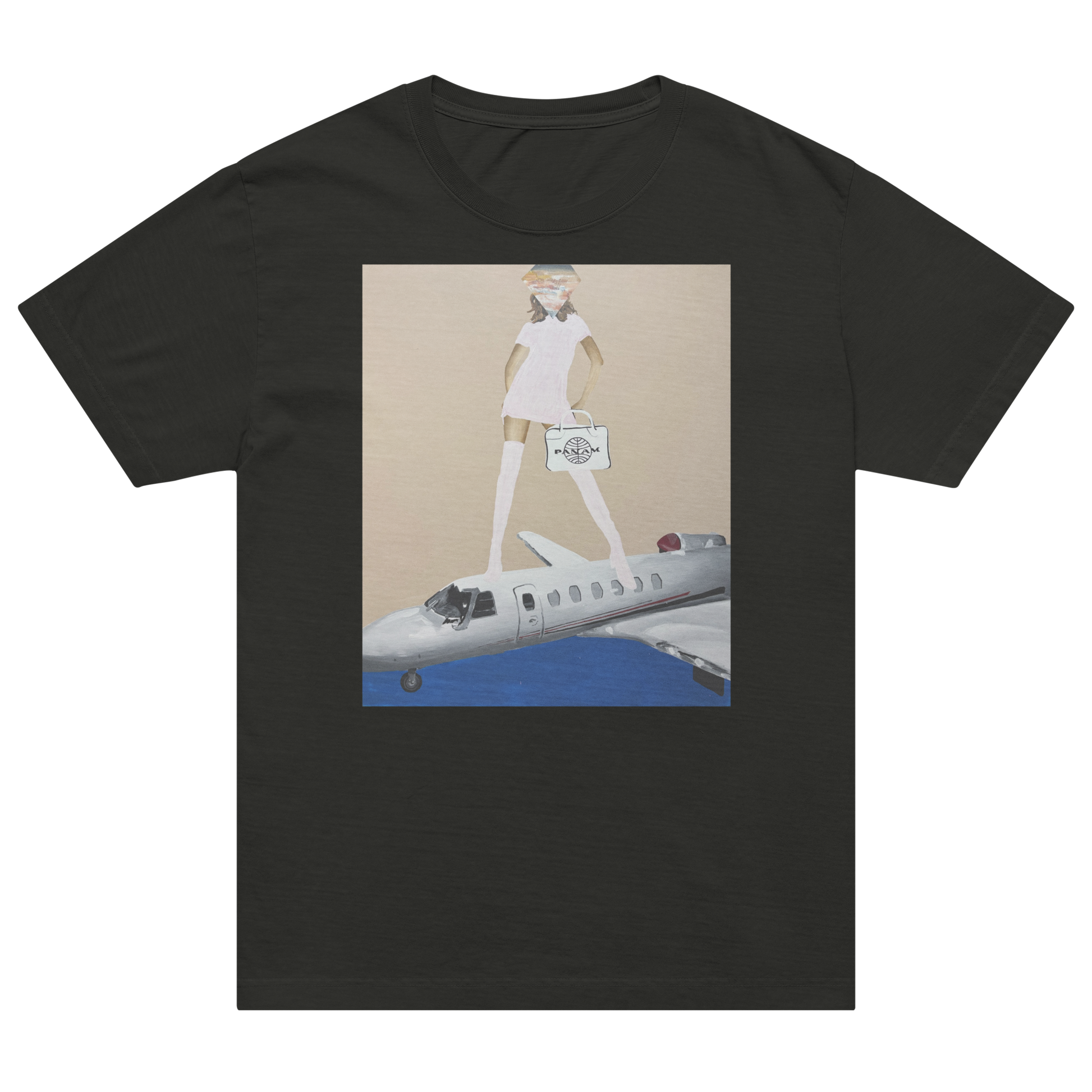 A black short-sleeve crewneck t-shirt featuring a rectangular graphic print on the front. The graphic shows a stylized illustration of a woman in a white dress and hat standing on top of a white private jet against a beige background with blue sky at the bottom. Daniel Maltzman artist. 