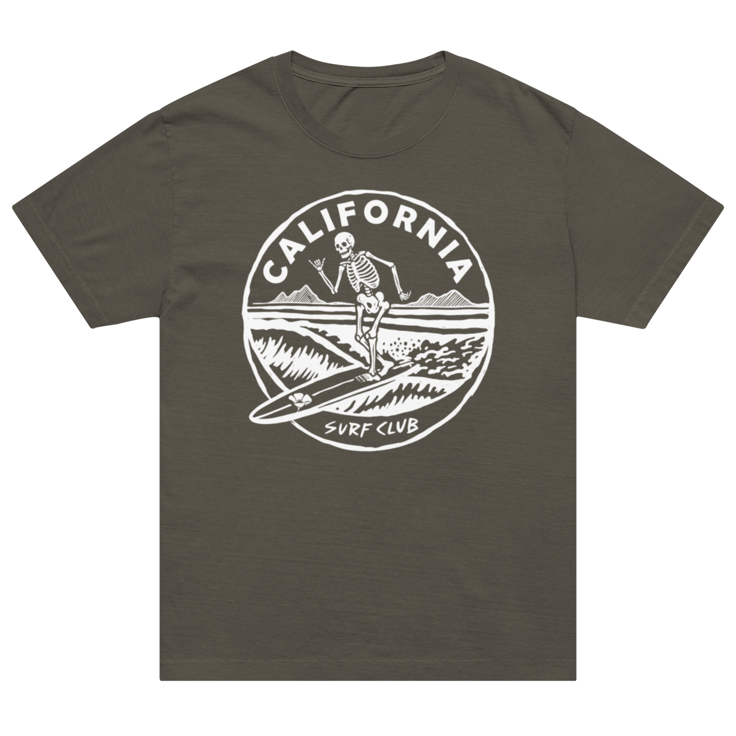 A dark olive green short-sleeve t-shirt with a white circular graphic on the chest depicting a skeleton surfing, with the text 'CALIFORNIA SURF CLUB'.