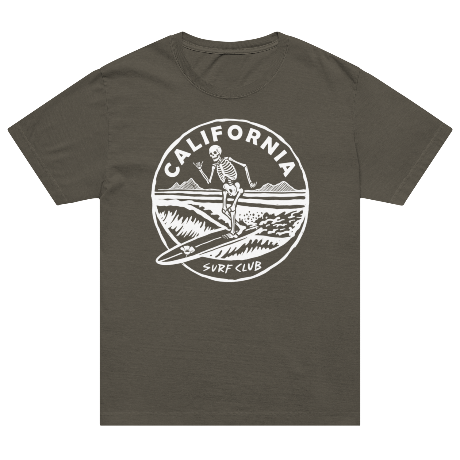 A dark olive green short-sleeve t-shirt with a white circular graphic on the chest depicting a skeleton surfing, with the text 'CALIFORNIA SURF CLUB'.