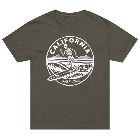 A dark olive green short-sleeve t-shirt with a white circular graphic on the chest depicting a skeleton surfing, with the text 'CALIFORNIA SURF CLUB'.