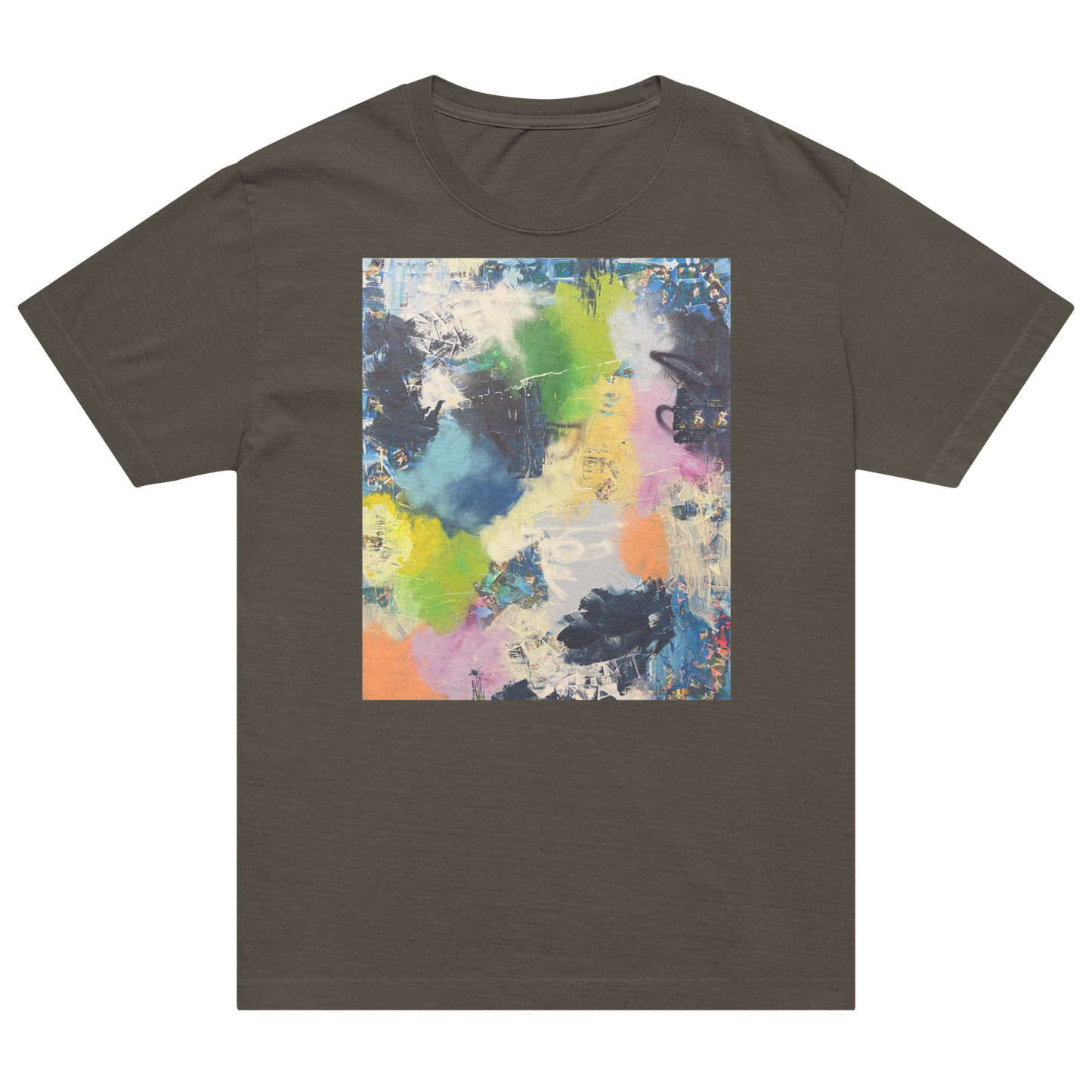 An olive green short-sleeve t-shirt with a square abstract art print on the chest. Daniel Maltzman artist.