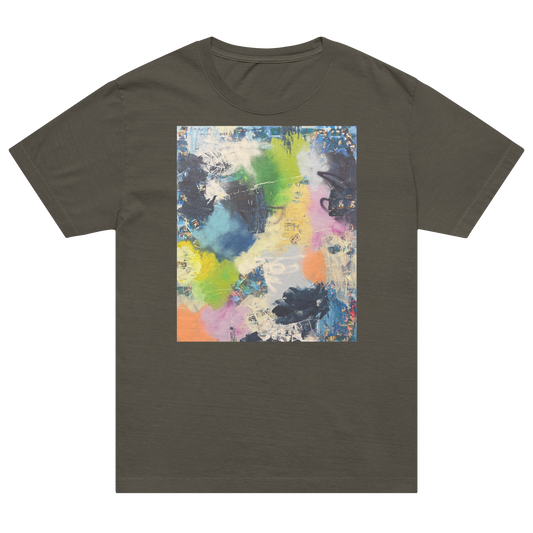An olive green short-sleeve t-shirt with a square abstract art print on the chest. Daniel Maltzman artist.