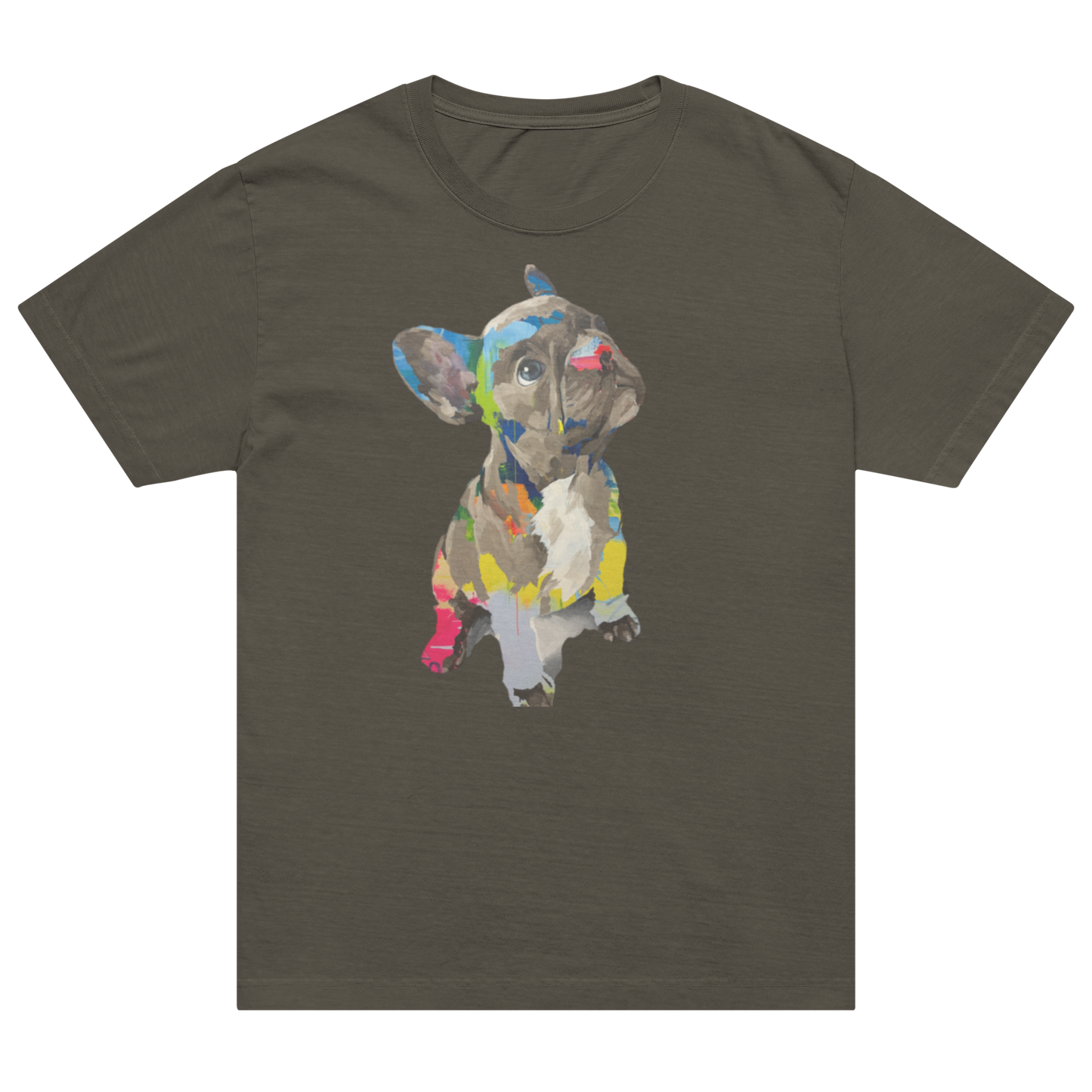 A dark olive green short-sleeve t-shirt with a colorful watercolor-style graphic of a French Bulldog on the front.