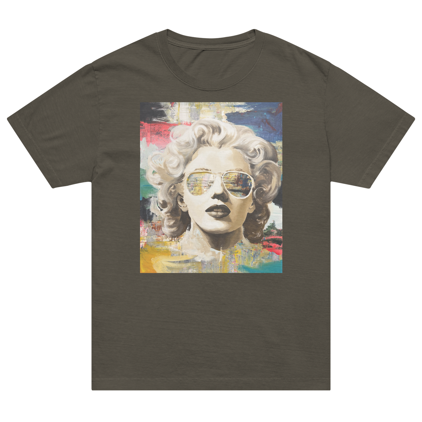 A dark olive gray crewneck t-shirt featuring a colorful graphic print of Marilyn Monroe wearing aviator sunglasses, displayed against a solid white background. Daniel Maltzman artist.