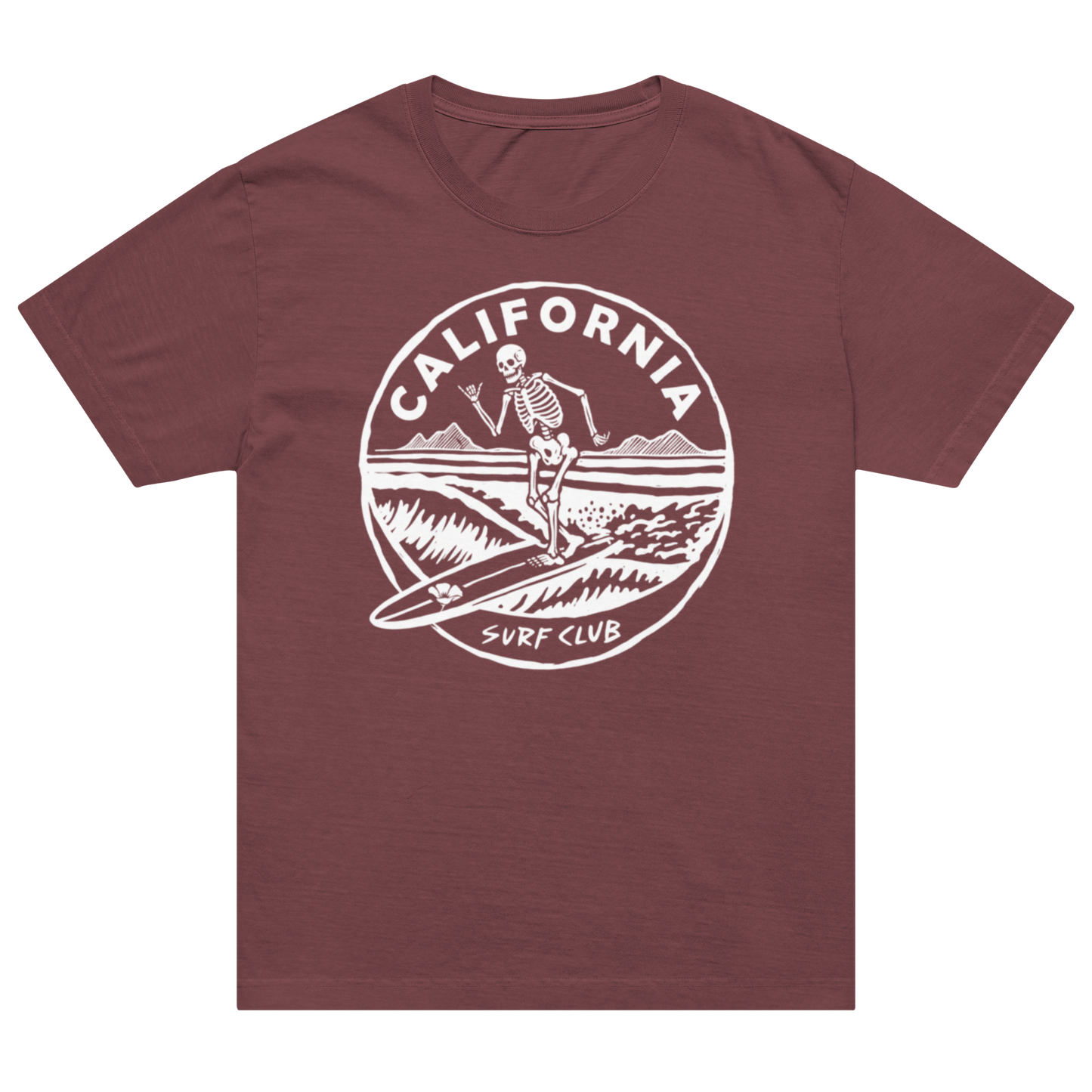 A heathered maroon short-sleeve t-shirt with a white circular graphic on the chest featuring a skeleton surfing, with the text 'CALIFORNIA SURF CLUB'.