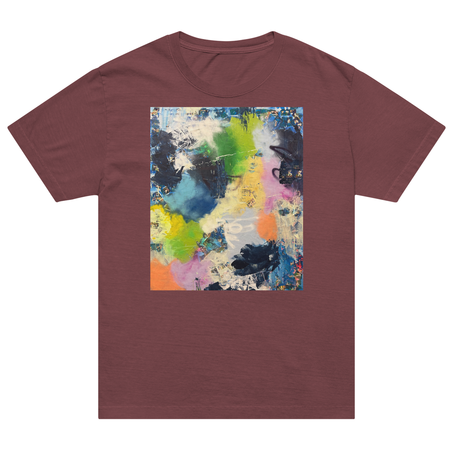 A short-sleeve crewneck t-shirt in a heathered dusty rose or mauve color, featuring a square abstract art print on the chest with vibrant splashes of green, yellow, blue, orange, pink, and black paint. Daniel Maltzman artist.