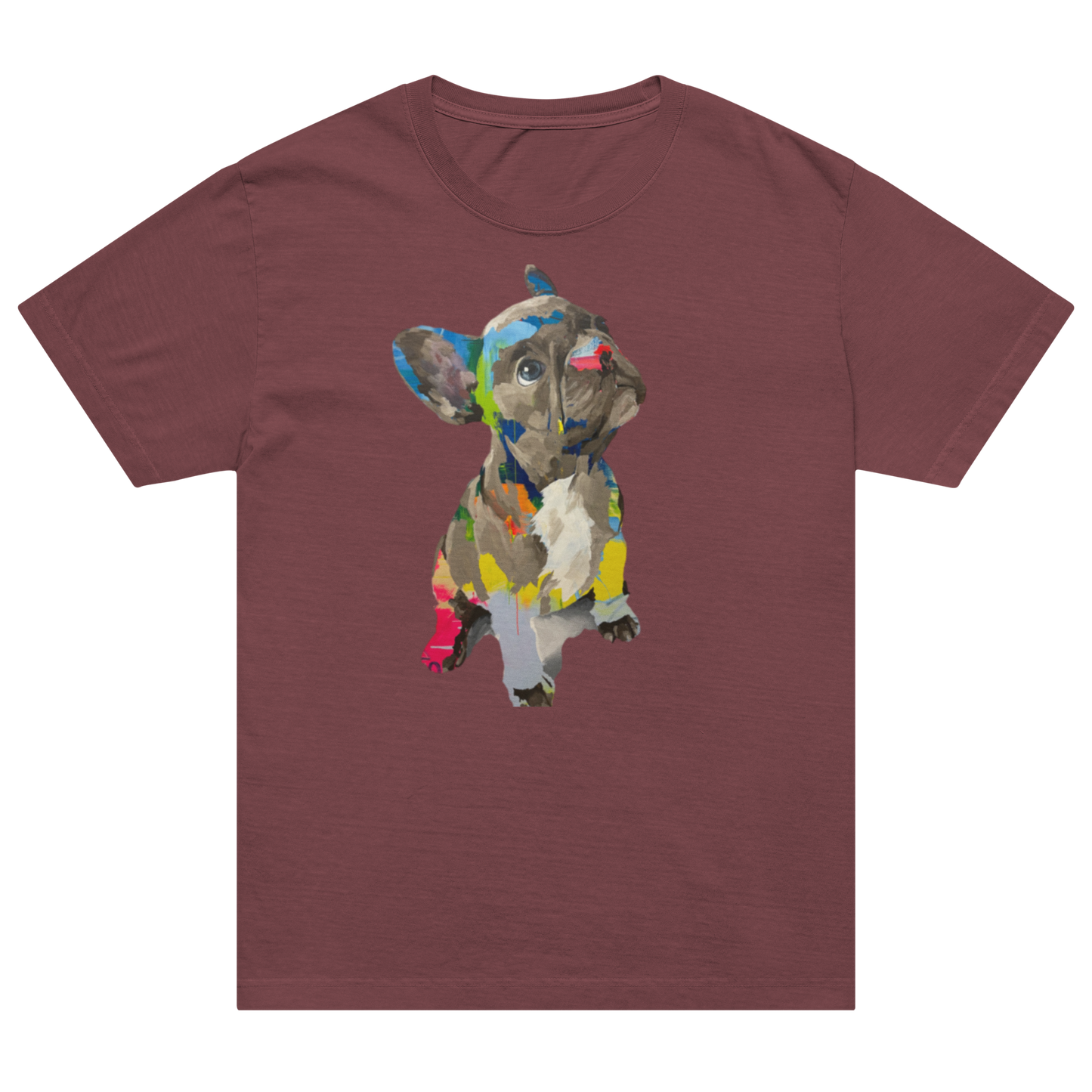 A short-sleeve crewneck t-shirt in maroon, featuring a colorful graphic print of a French Bulldog in a watercolor mosaic style on the chest.