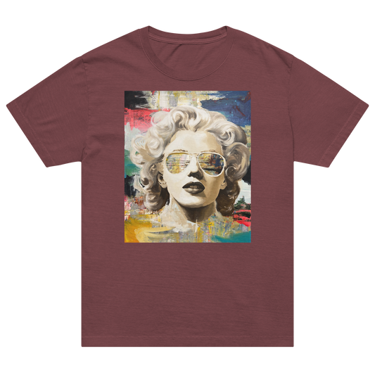 A short-sleeve crewneck t-shirt in maroon, featuring a colorful graphic print of a Marilyn Monroe portrait with sunglasses on the front. Daniel Maltzman artist.