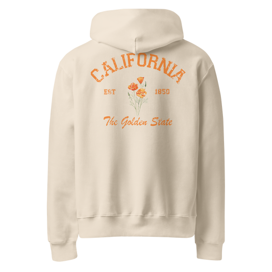 Beige hoodie with 'California' and floral design on a white background