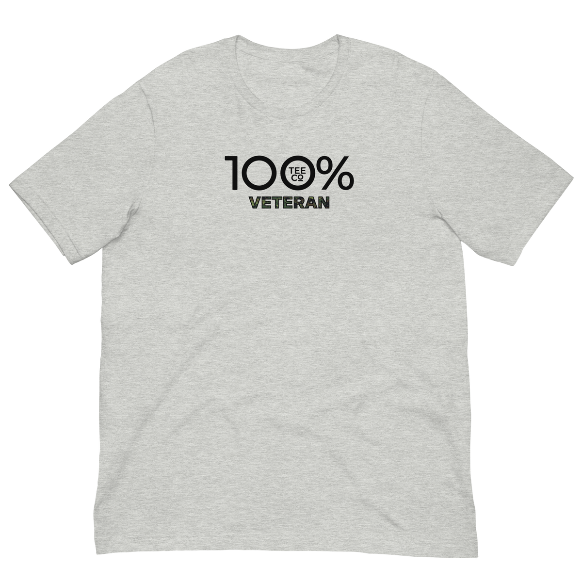 Gray t-shirt with '100% Veteran' text on a white background
